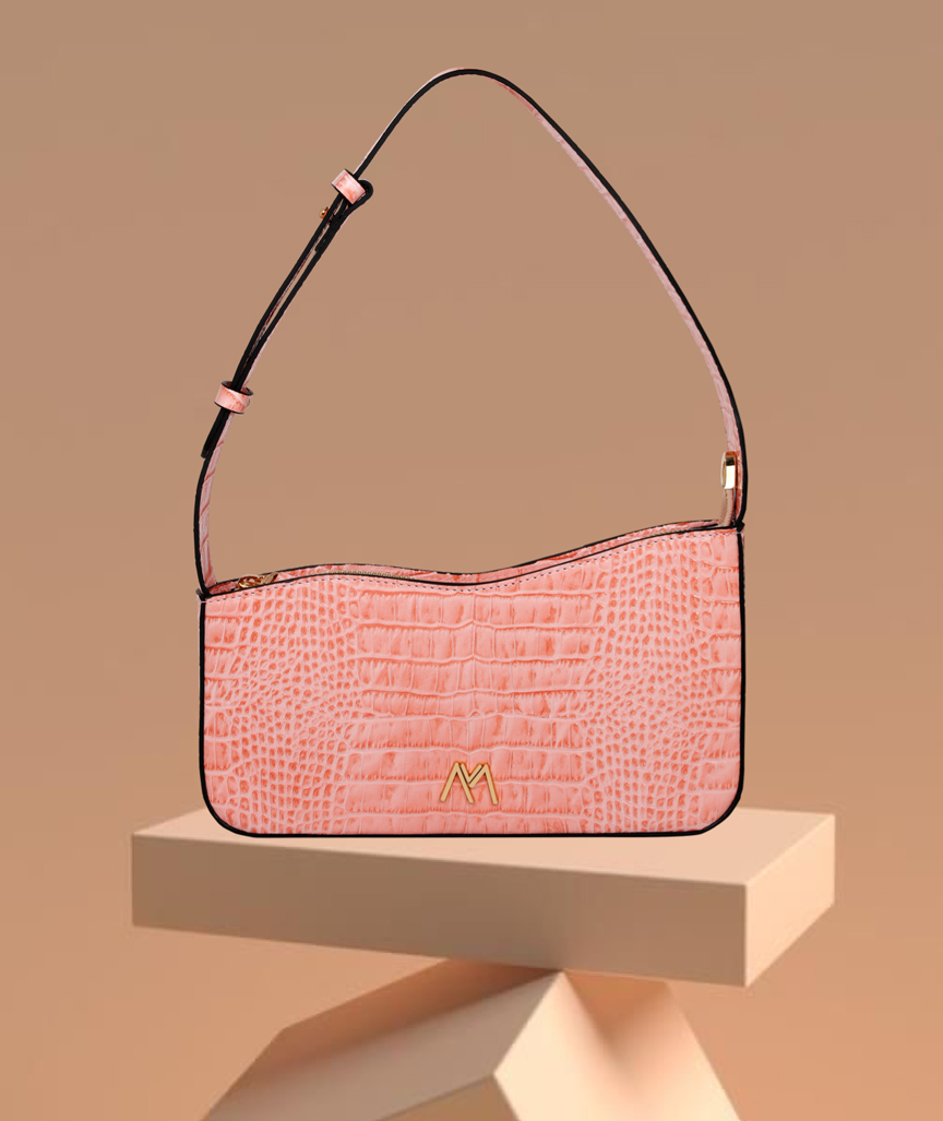 Ephron Leder Baguette Tasche in Rosa Krokodil geprägt