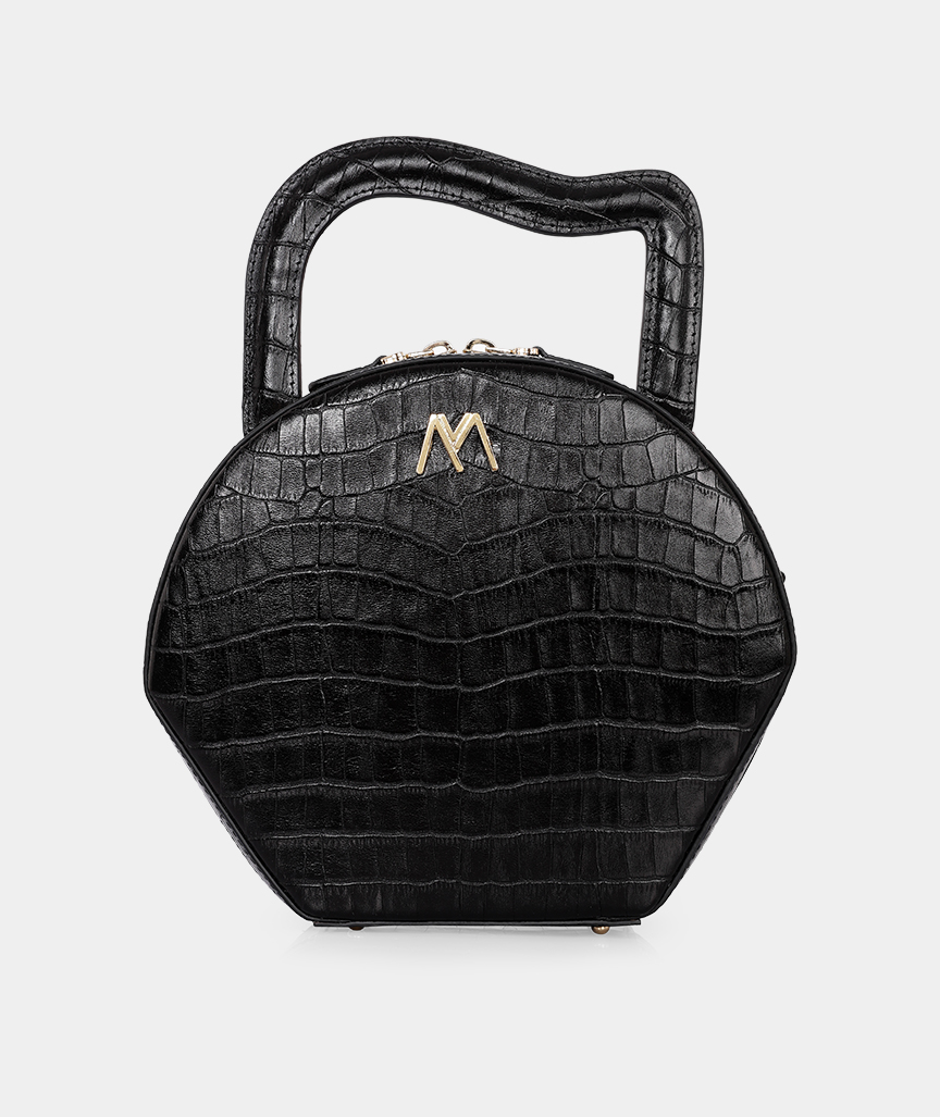 MEVS-ATELIER_norablack Nora Ledertasche in Schwarz Krokodil geprägt