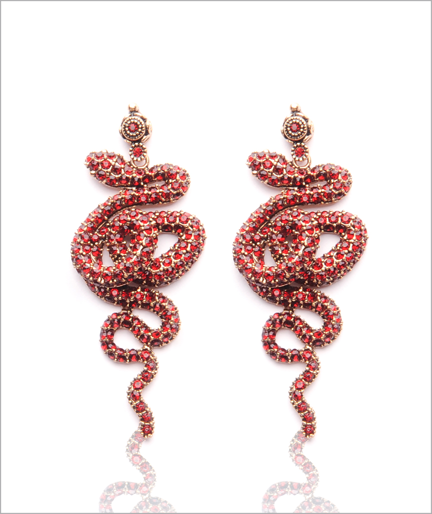 Bronze Schlange Ohrringe Mit Roten Zirkonias Besetzt