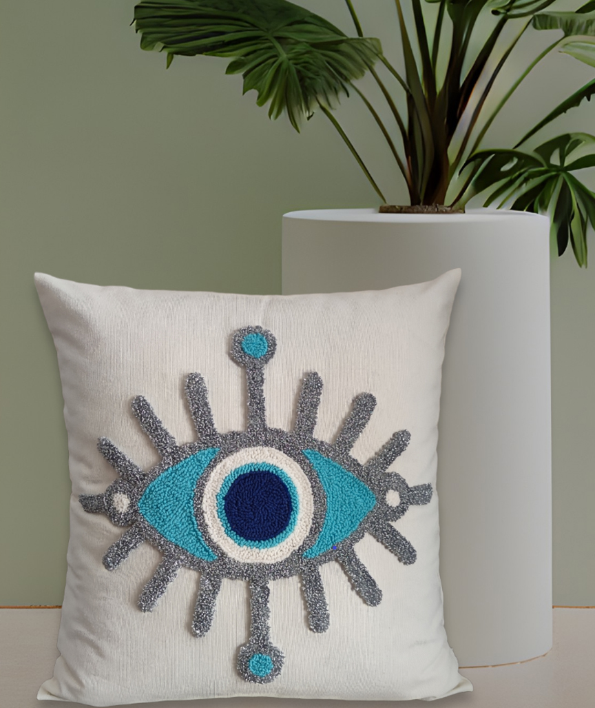 Mia Evil Eye Punch Needle Embroidered Pillow