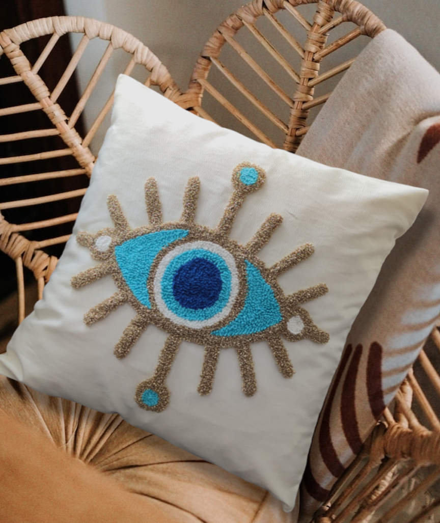 Mia Evil Eye Punch Needle Embroidered Pillow