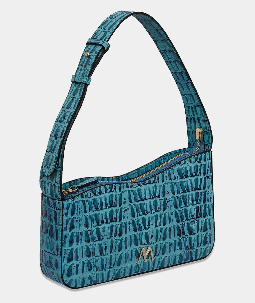 Ephron Leather Baguette Bag Blue Croc Embossed
