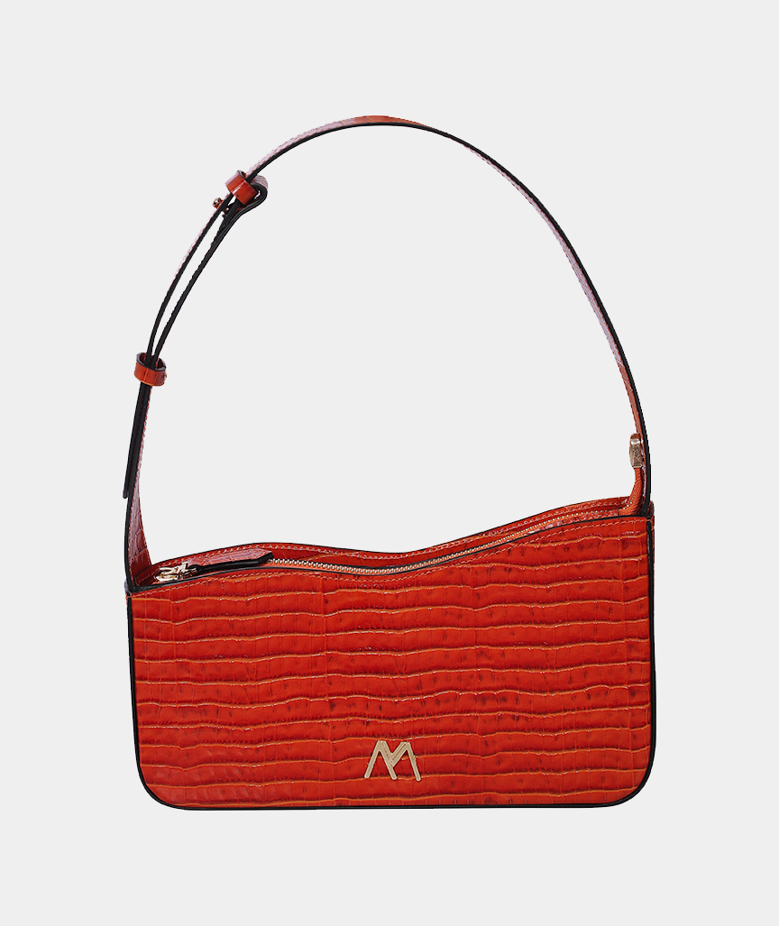 MEVS-ATELIER_ephronorange Ephron Leder Baguette Tasche in Orange Krokodil geprägt