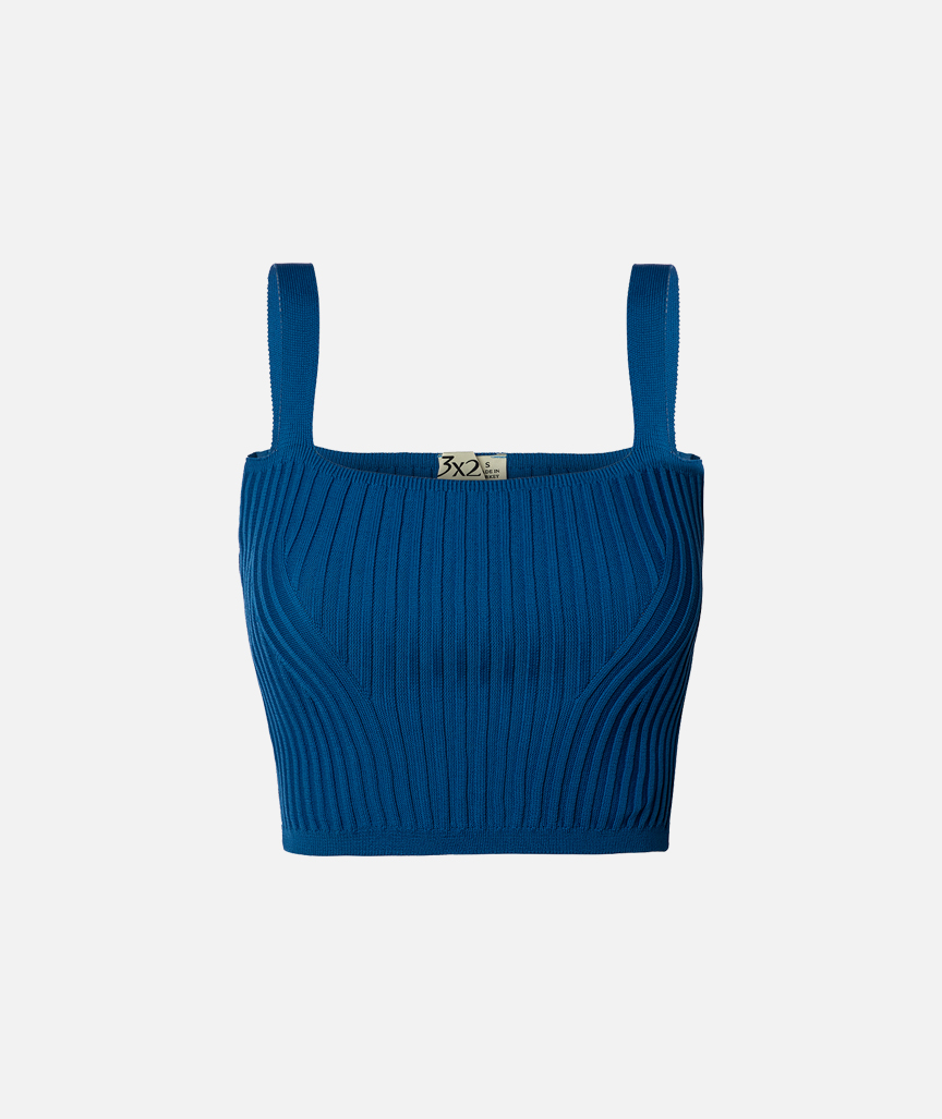 Blaues Strick-Crop-Top mit Trägern