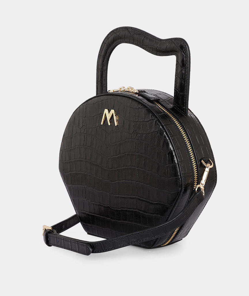 MEVS-ATELIER_norablack_1 Nora Ledertasche in Schwarz Krokodil geprägt